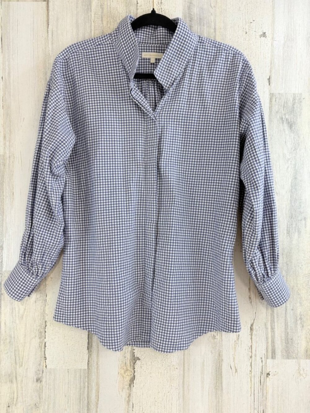 Ann Mashburn Paulina Popover Shirt S Blue White Gingham Button Down Anaya